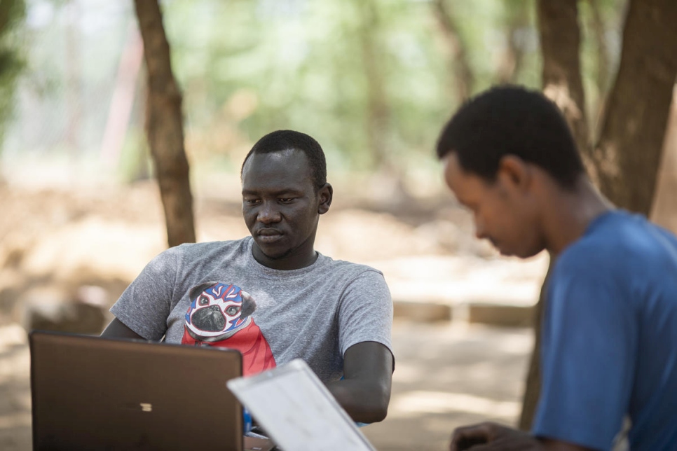 Sudanese refugee, Almarat Arnu Ngutulu, attends the Inzone Centre in Kakuma camp, Kenya. Almarat enrolled for university after completing high school in 2014 but could not afford the fees so had to drop out. He is currently enrolled on InZone/University of Geneva's Connected Learning programme, taking preparatory courses as he waits to re-enter university, to study International Relations.