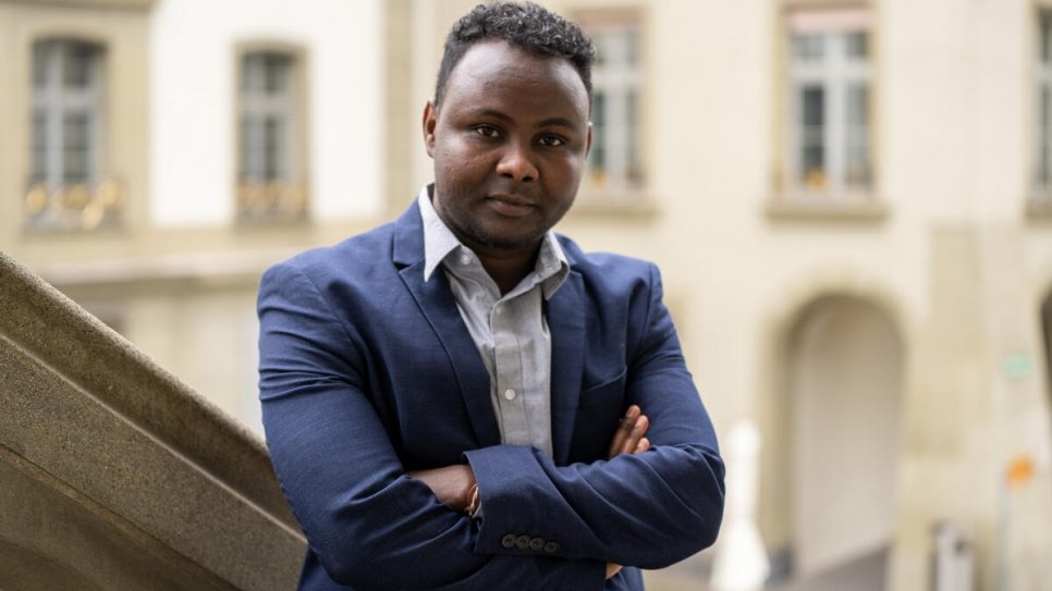 Slahadin Romodan, a 34-year-old Eritrean refugee, outside Bern's townhall where the Refugee Parliament took place. 