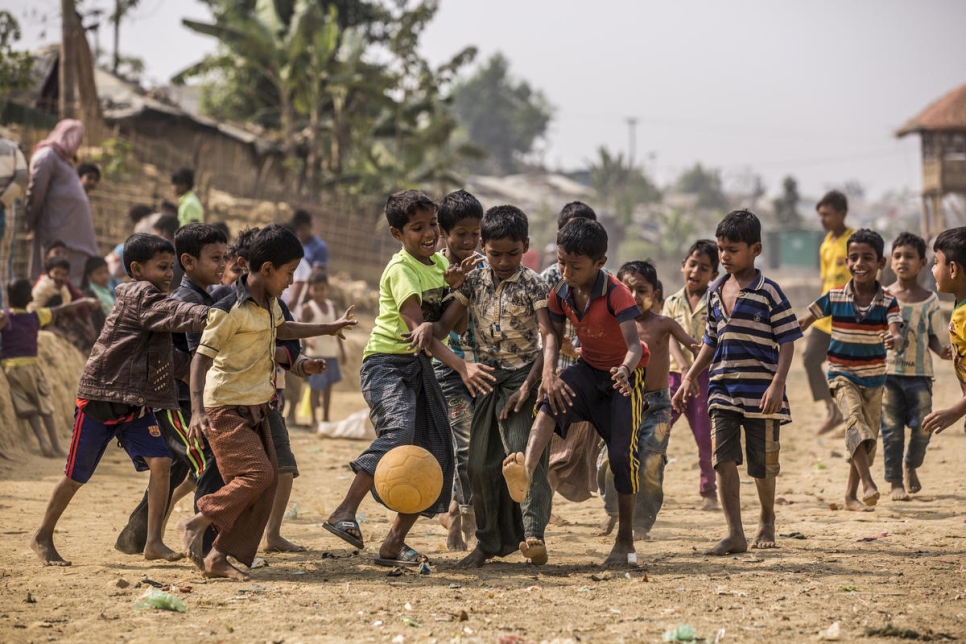 Bangladesh. Rohingya children play football in Kutupalong camp