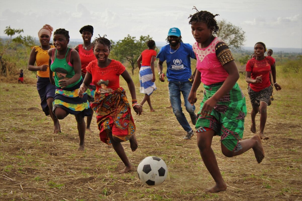 Mozambique. Displaced and host community girls play football in Cabo Delgado.
