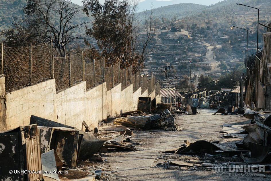 The aftermath of the fire that destroyed the Moria reception centre on Lesvos.   © UNHCR/Achilleas Zavallis