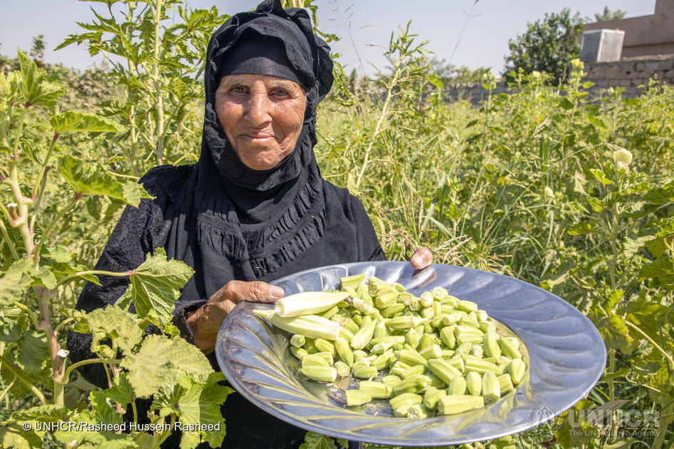 Een landbouwersgezin uit Irak dat gedwongen op de vlucht was keert terug naar huis nadat de extremistische groepering die het land had geterroriseerd is verslagen. © UNHCR/Rasheed Hussein Rasheed