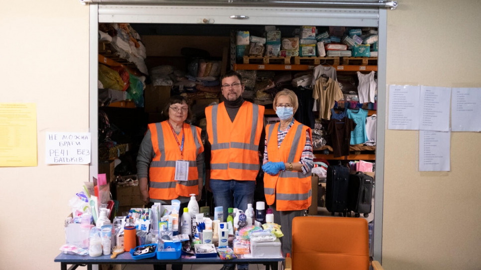 Volunteers with donated items for refugees at a building in Rzeszow that has been turned into a shelter with 500 beds. 