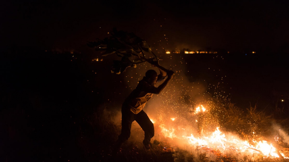 Les réfugiés utilisent des branches pour combattre le feu de brousse.  