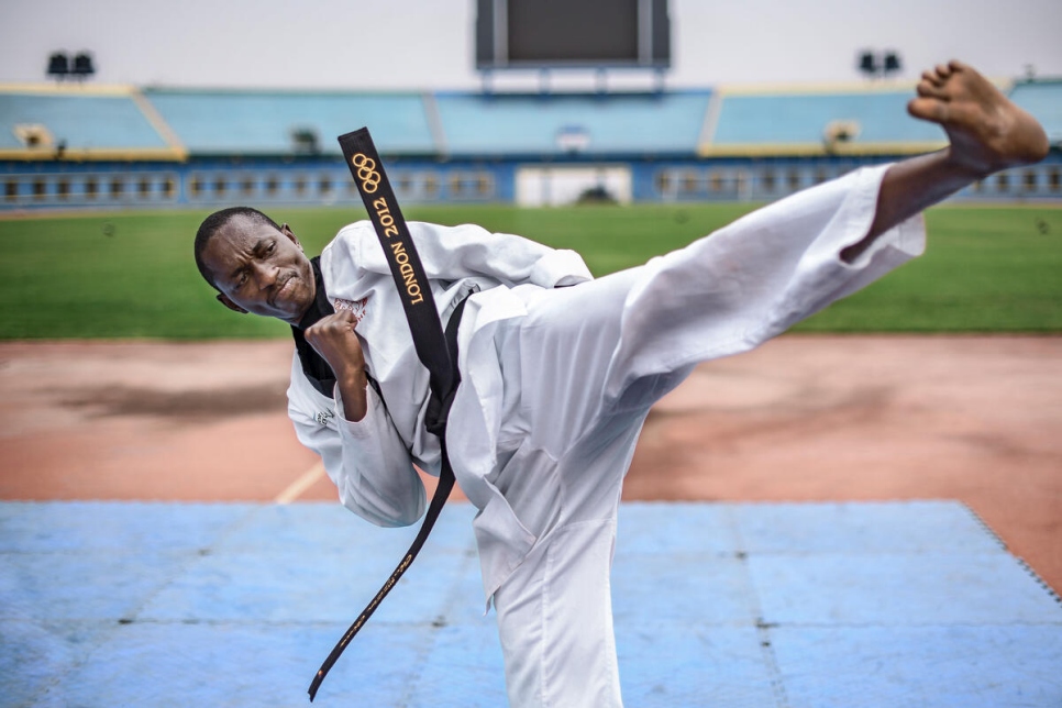 Burundian refugee Parfait Hakizimana during a Taekwondo training session at the Amahoro Stadium in Rwanda’s capital, Kigali. © UNHCR/Anthony Karumba