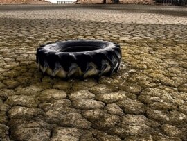 A tire lies on a dried-up section of Lake Urmia in northwestern Iran.