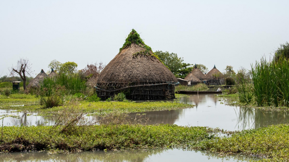 Casas parcialmente sumergidas por las aguas de la inundación yacen abandonadas en Old Fangak.