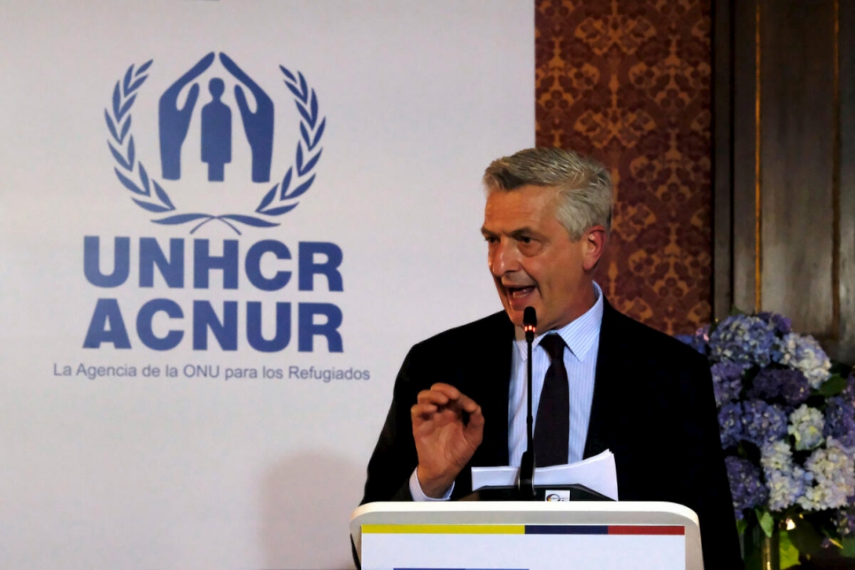 El Alto Comisionado de las Naciones Unidas para los Refugiados, Filippo Grandi, hablando en la conferencia de prensa con el presidente de Colombia, Iván Duque, en Bogotá, Colombia, el 8 de febrero de 2021.