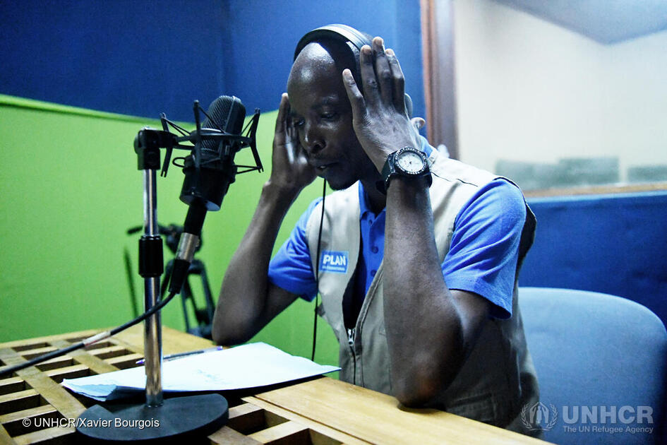 Cameroon. Igor, one of the refugee reporters involved in the creation of a new refugee radio show, is recording the first show at CIRTEF editing studio.