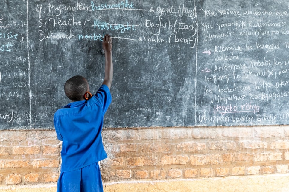 Rwanda. Primary school students in Mugombwa refugee camp, return to the classroom after extensive school closures due to COVID-19.