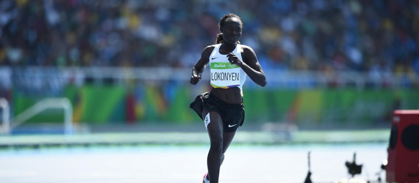 South Sudanese refugee, Rose Nathike Lokonyen, runs the 800-metres for the Refugee Olympic Team at Rio 2016, in a heat that includes the great Caster Semenya of South Africa.