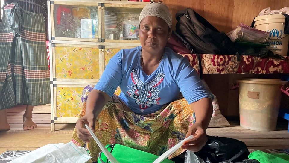 Hassinah Begom, a Rohingya midwife in Basara camp, is often the first person mothers call on when they need assistance.