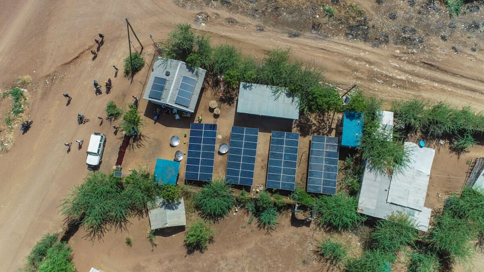 An aerial view of Okapi Green Energy Limited, which harnesses sunlight to provide reliable and affordable energy to businesses and homes inside and outside Kakuma camp. 