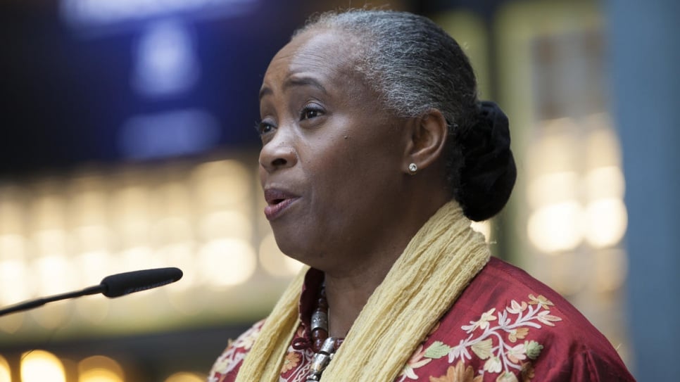 Hendricks speaking in Geneva in 2016 at a UNHCR event to combat statelessness, a cause for which she is an outspoken advocate.