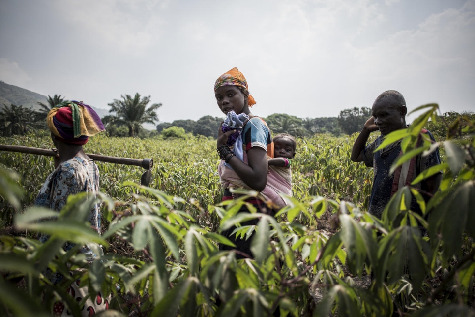 Des personnes déplacées internes se dirigent vers les champs dans le cadre d'un projet agricole à Lusenda, en République démocratique du Congo.  