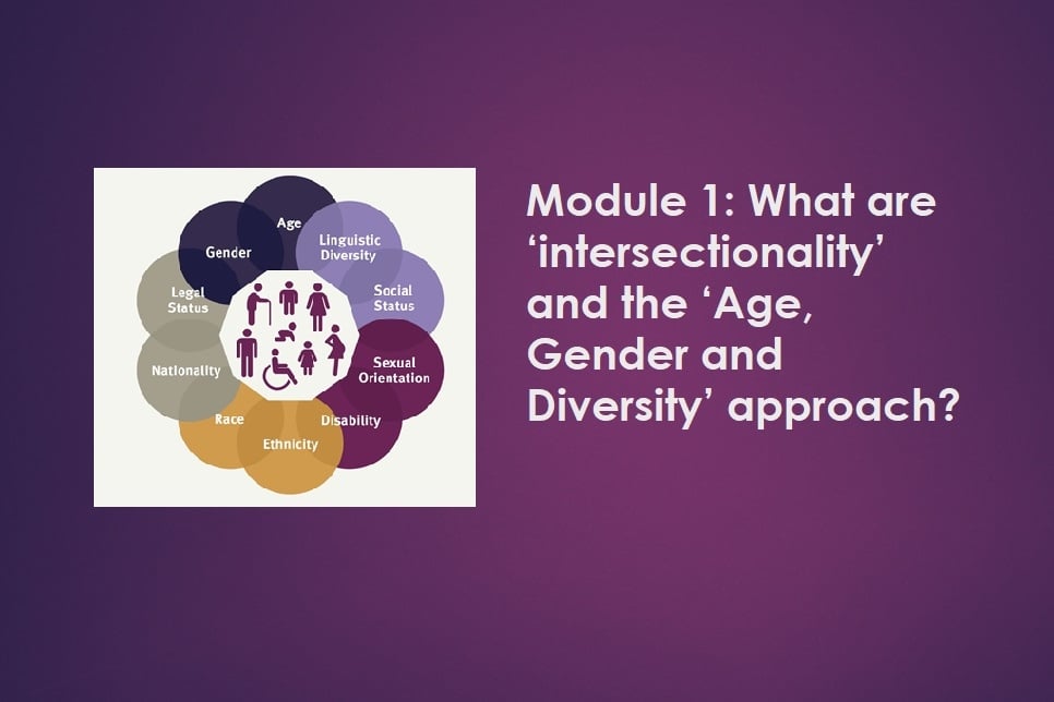 A screenshot of a powerpoint slide. Text reads 'What are 'intersectionality' and the 'Age, Gender and Diversity' approach?'
