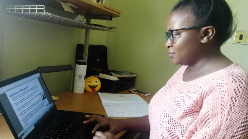 Diana Mbiti, a Child Protection Officer based in Kenya, attends an online course on statelessness titled 'Eradication of Statelessness among Children in East and Horn of Africa'.

