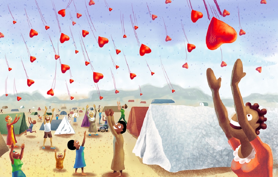 An animated image of people in a refugee camp catching hearts falling from the sky 