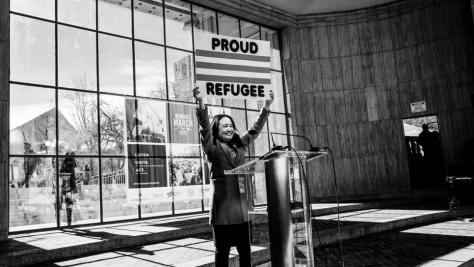 USA. Nga Vương-Sandoval, a Vietnamese refugee, held a sign that reads "Proud Refugee" during the 2019 Women's March in Denver, Colorado