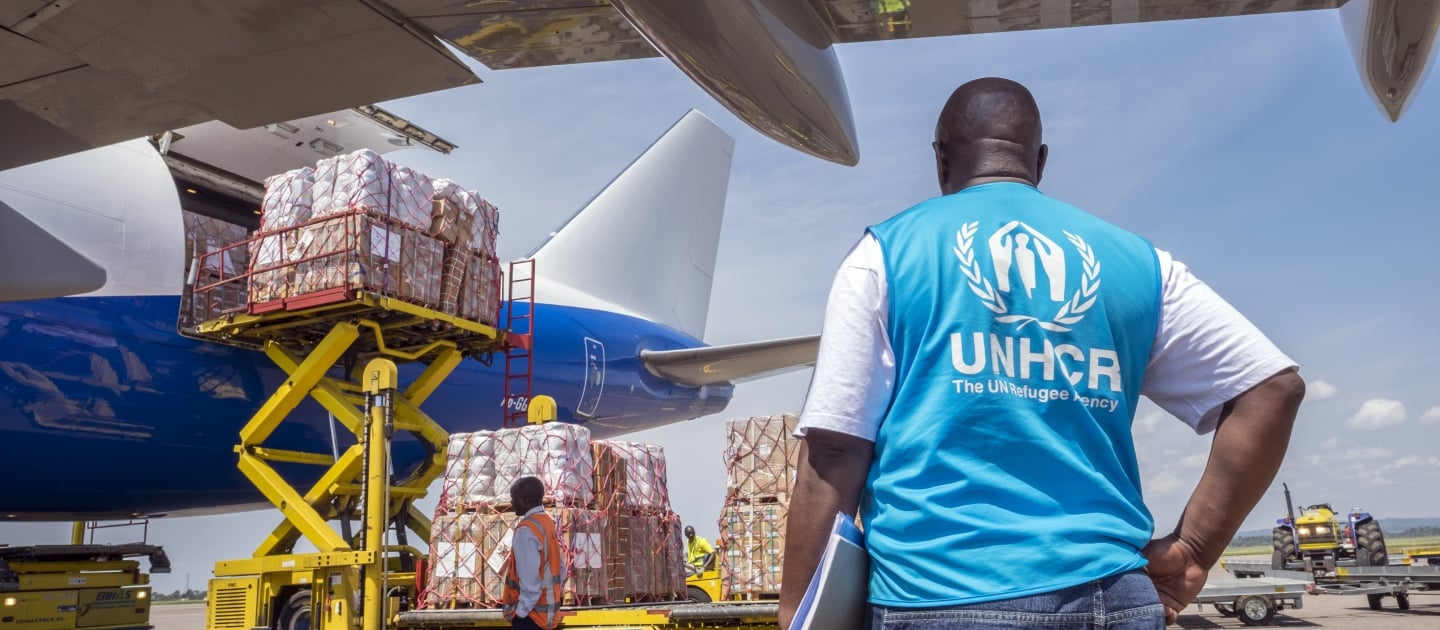 UNHCR, the UN Refugee Agency - Cargo of a Dubai Royal Wings Boeing 747 is being unloaded at Entebbe International Airport in Uganda. The cargo contains 100 tons of emergency aid supplies, including thousands of mosquito nets, sleeping mats, plastic sheeting, kitchen sets and solar lights.