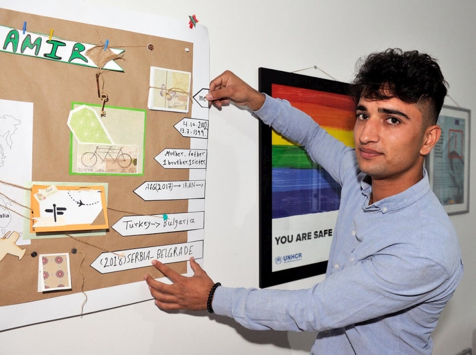 Arsalan points to a poster at a workshop on the risks of exploitation and trafficking in Belgrade, Serbia. The workshop is for unaccompanied children. 