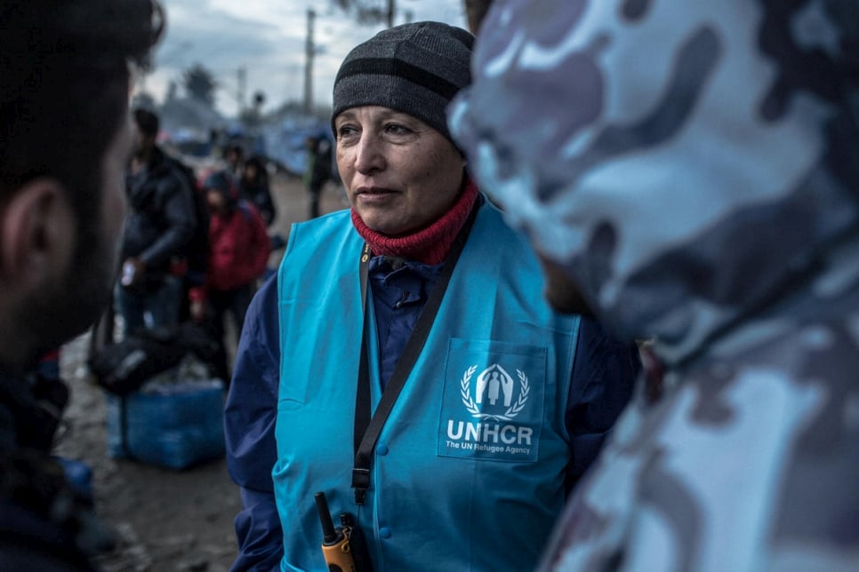 In Greece, a UNHCR Field Protection Officer speaks with migrants and refugees held back at the border to the Former Yugoslav Republic of Macedonia.