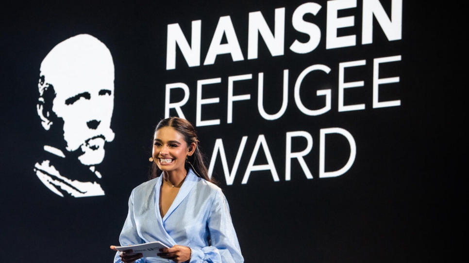 Master of Ceremonies, British-Afghan journalist and presenter Nelufar Hedayat, opens the 2022 UNHCR Nansen Refugee Award ceremony.