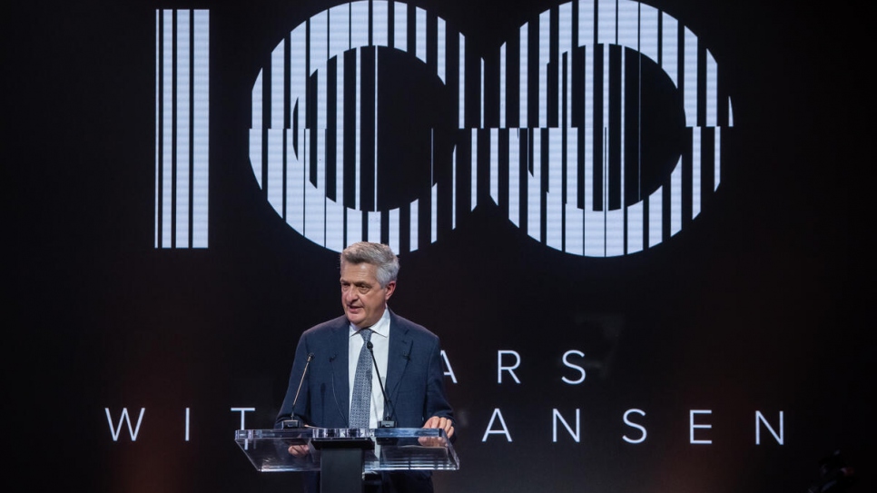 UN High Commissioner for Refugees Filippo Grandi introduces the Global Laureate during the award ceremony at the HEAD (Haute Ecole d'Art et de Design) building in Geneva.