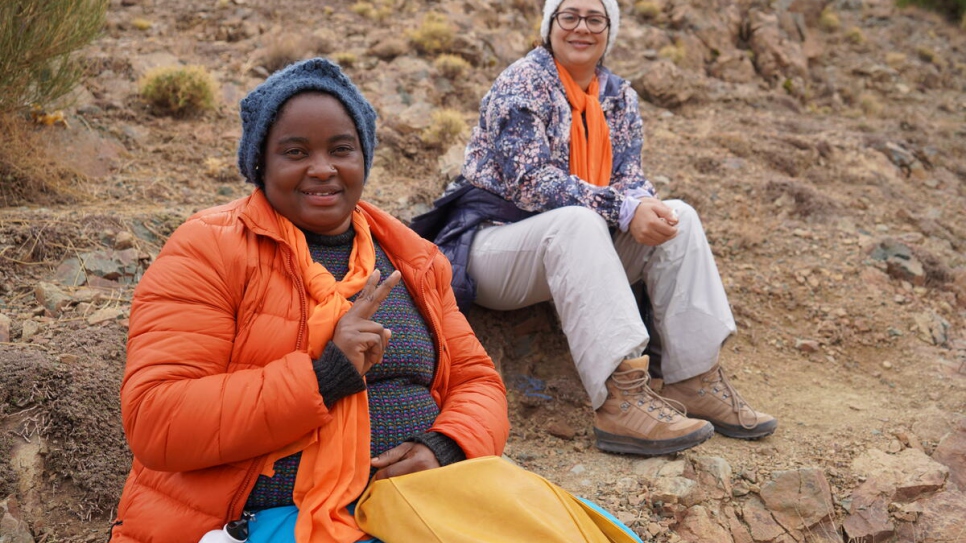 Valérie (left), a 28-year-old refugee from Cameroon, had to walk for long distances on her journey to Morocco in 2019.