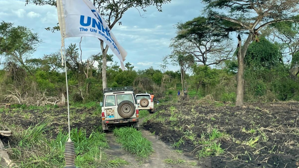 A convoy of UNHCR vehicles drive along a track to land cleared by the Can-Coya farming community.