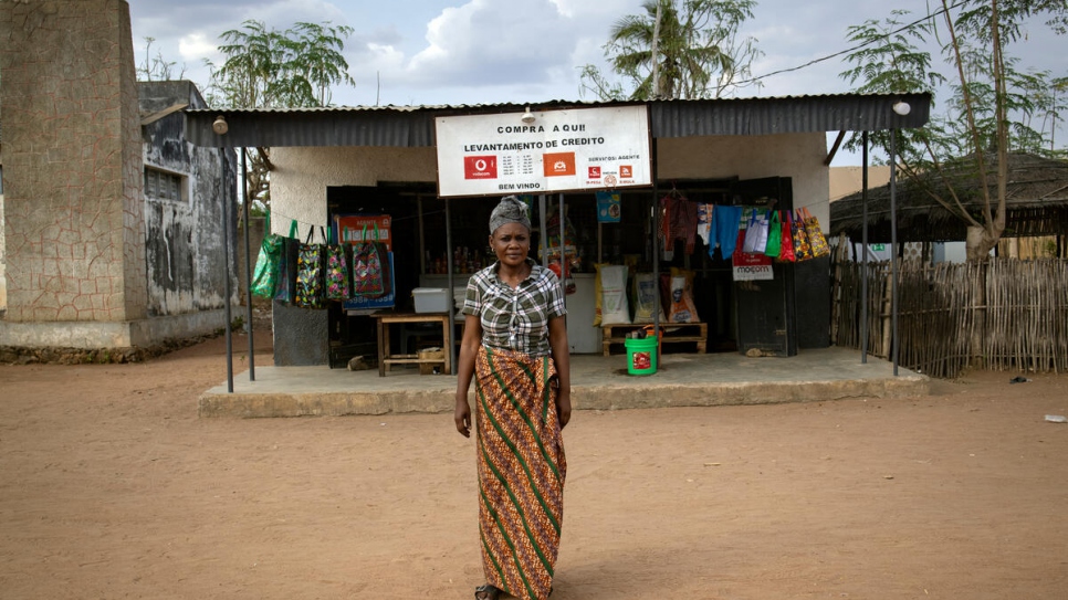 Charlotte Fatuma in front of her shop in Maratane refugee settlement.