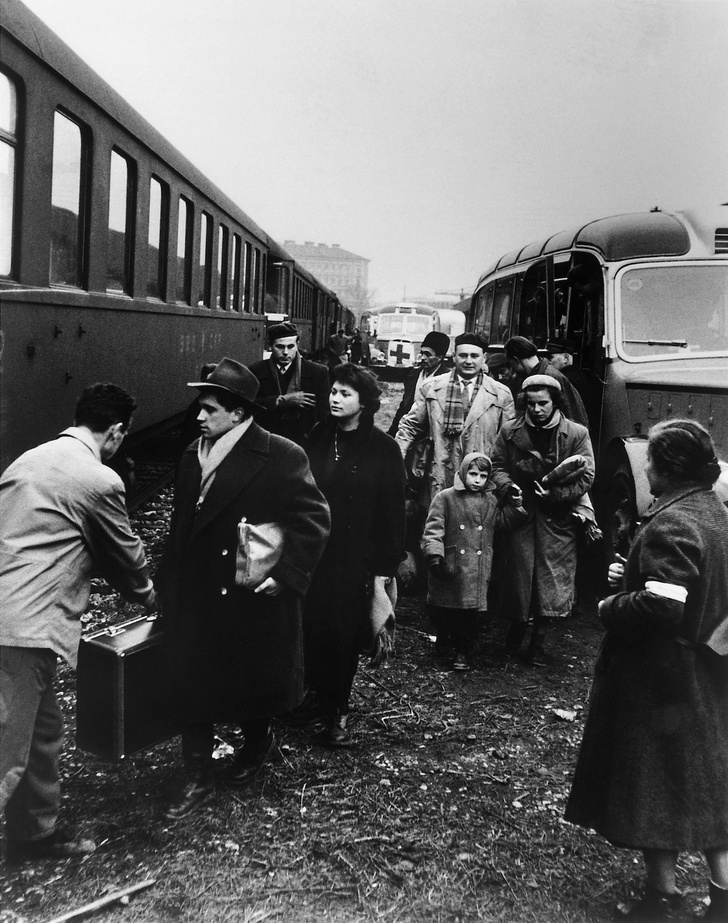 Hungarian refugees taking a train to Switzerland, 1956. Original Black and white picture