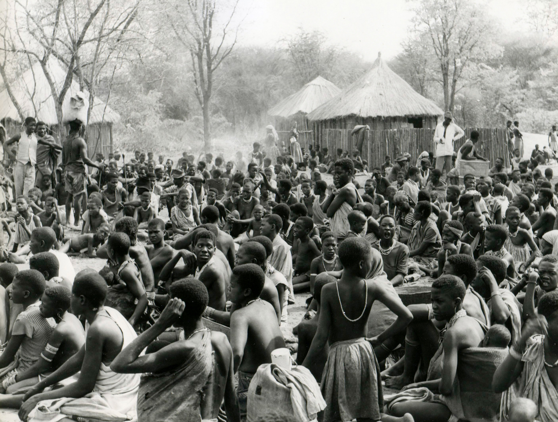Angolan refugees wait for daily rations in Etsha settlement, Botswana, in 1969. Original Black and white picture
