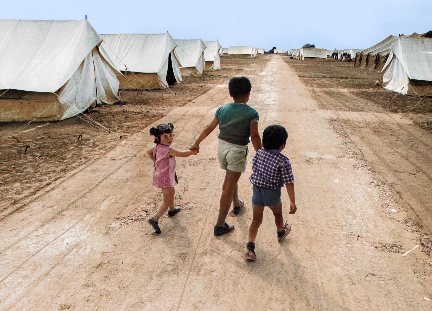 Greek Cypriot children in the Strovolos camp, 1974. Colorized picture