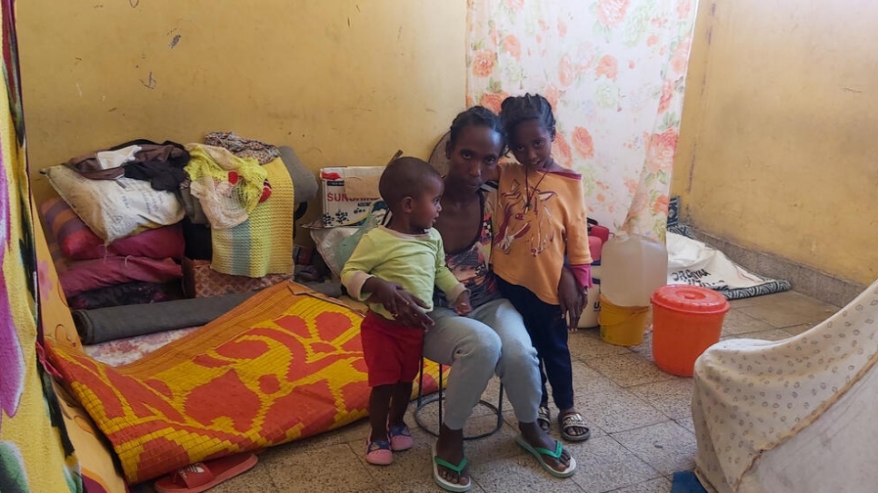 Mashwa Hailu with her two children at the Mai Woini site for internally displaced people in Tigray.
