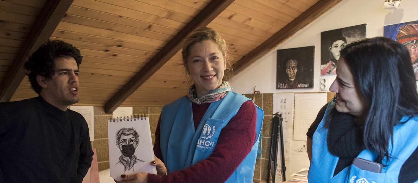 UNHCR Representative in Serbia Franvesca Bonelli and UNCHR Goodwill Ambassador for Serbia, Serbian actress Branka Katic visited JRS Pedro Arrupe Integration house for unaccompanied minors in Belgrade, Serbia on February 10, 2021.