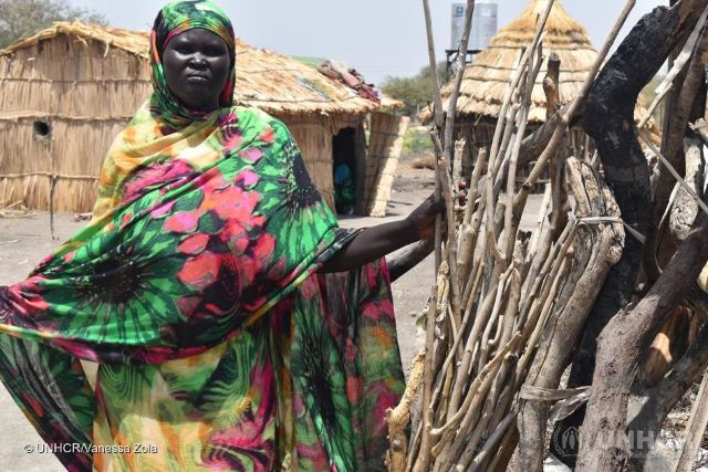 South Sudanese refugee, Geal Deng Nyadong, collects firewood that will last her several days, near the city of Kosti on the banks of the White Nile.