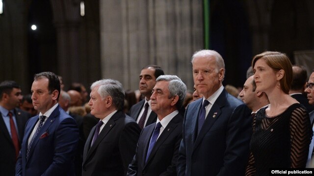 Armenian President Serzh Sarkisian (center), U.S. Vice-President Joseph Biden (second from right), and U.S. Ambassador to the UN Samantha Power (right) were among the dignitaries attending a ceremony commemorating the massacre of Armenians in 1915. 