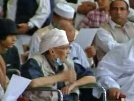 Convicted Lockerbie bomber Abdel Basset al-Megrahi attending a pro-government rally in Tripoli on July 26.