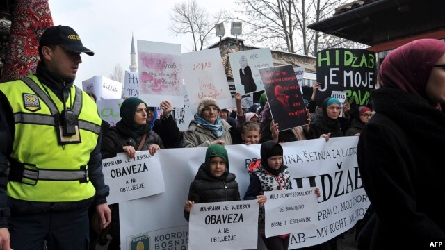 Hundreds of Muslim women wearing the traditional Muslim head scarf known as a hijab protest in Sarajevo on February 7.