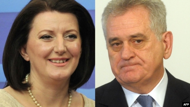Kosovo's Atifete Jahjaga (left) and Serbia's Tomislav Nikolic are holding their first meeting under EU auspices.