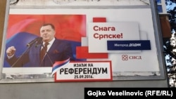 Milorad Dodik, president of Republika Srpska, on an election billboard calling for people to vote in a referendum on their statehood day in the western town of Banja Luka.