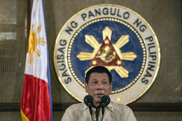 Philippine President Rodrigo Duterte gives a speech during the visit of Moro National Liberation Front founder Nur Misuari to the Malacanang Palace in Manila, Nov. 3, 2016.