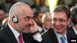 Albanian Prime Minister Edi Rama (left) and Serbian Prime Minister Aleksandar Vucic attend the Business Forum Serbia in the city of Nis.