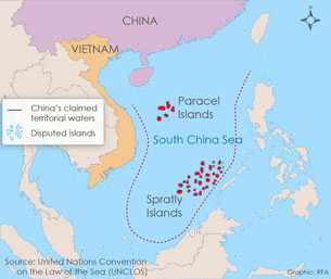 China's territorial claim to the South China Sea includes two disputed island chains.