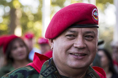 Diosdado Cabello, president of Venezuela's National Assembly, at a rally in Caracas in February. A judge has imposed a travel ban on 22 news executives named in a defamation lawsuit Cabello is filing. (Reuters/Marco Bello)