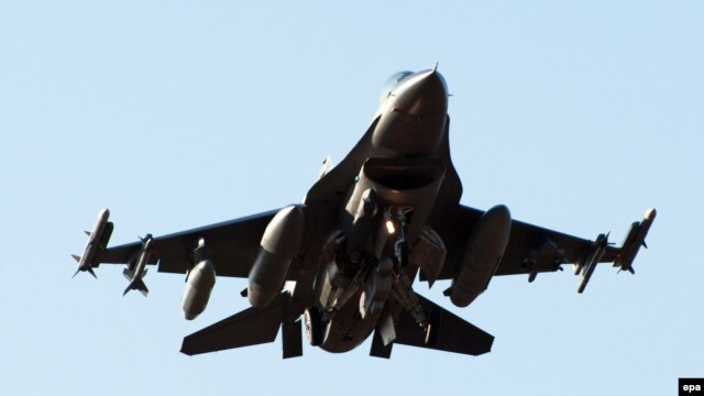 A US F-16 fighter lands in Lask, central Poland, on March 13 for joint military exercises amid the Ukraine crisis .