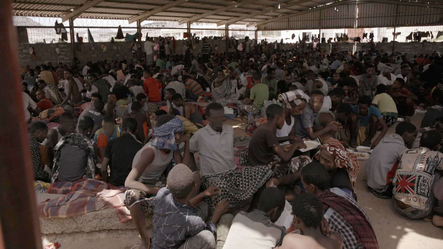 Men and boys from the Horn of Africa detained in the Buraika detention facility in Aden governorate, Yemen.