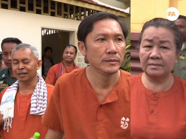 From left to right: Yi Soksan, Nay Vanda and Ny Sokha, with Lim Mony shown in a separate photo on right, at the Supreme Court in Phnom Penh, March 13, 2017.
