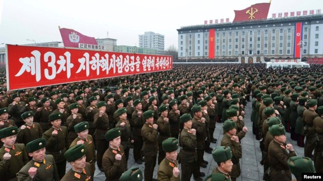 North Korean soldiers attend a rally celebrating the country's third nuclear test on Kim Il Sung Square in Pyongyang on February 14.